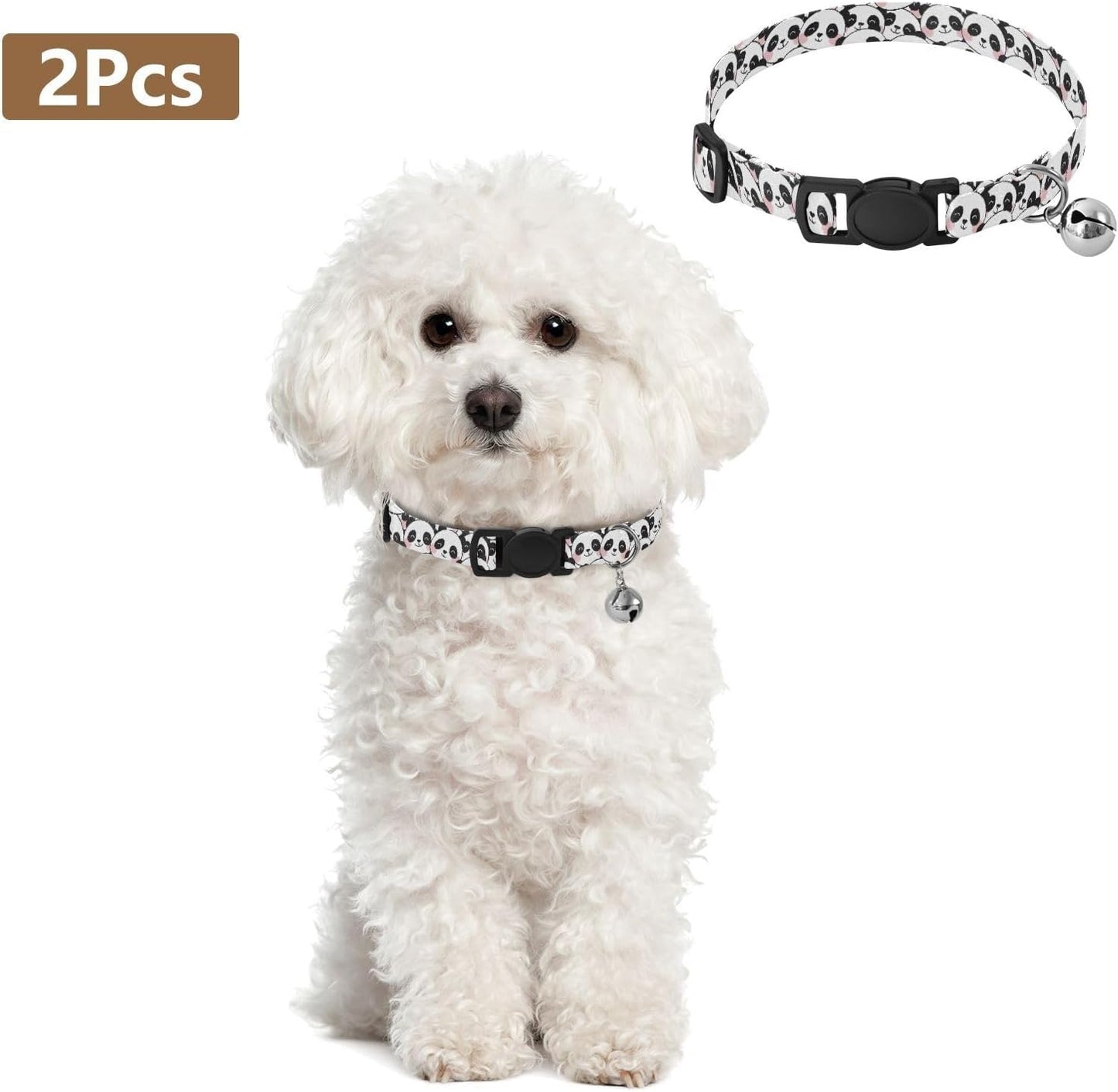 Panda Cute Black White Animal Dog Collar with Metal Bell Adjustable Soft Pet Collars for Small Dogs Cats, 2 Pcs
