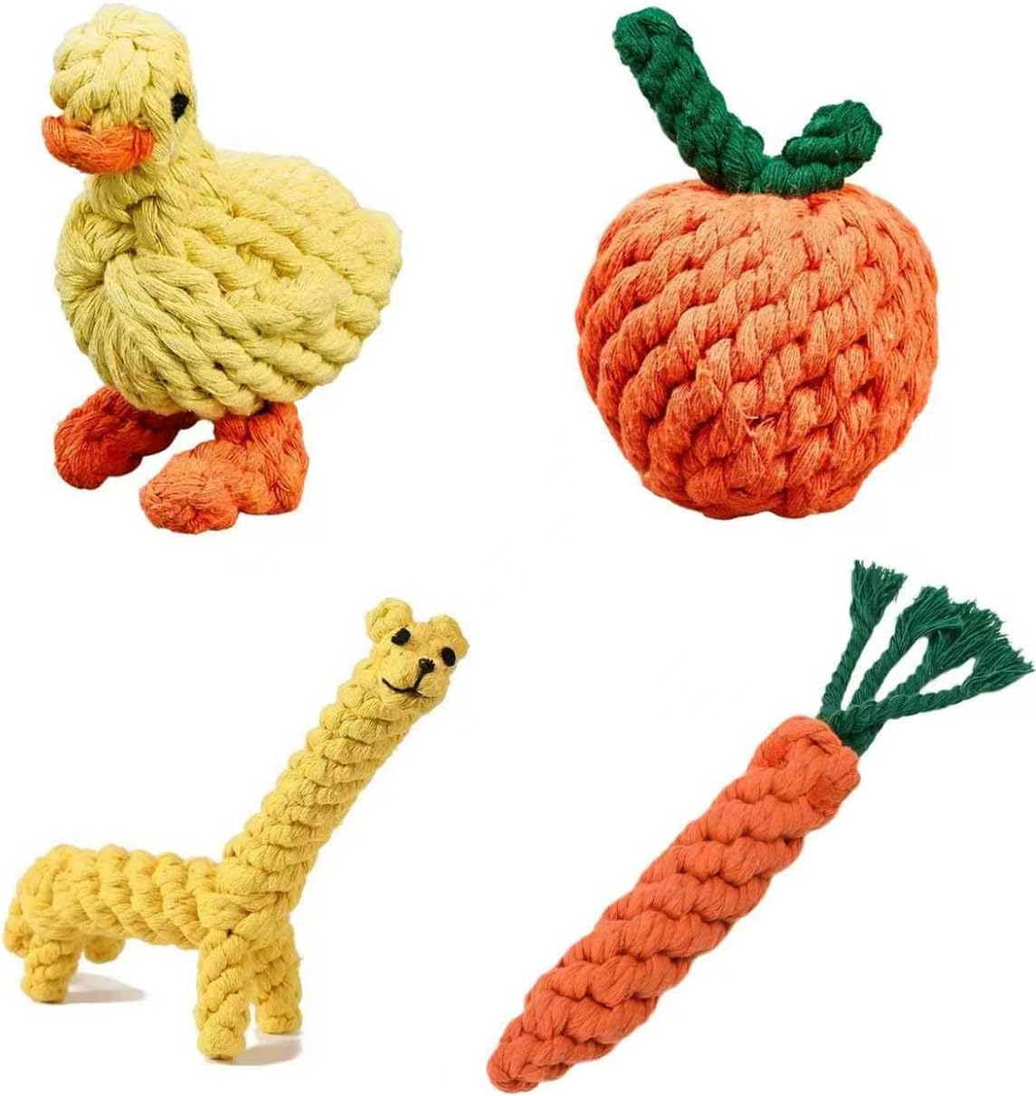 Dog Chew Knot Toy, Puppy Rope Toys, Rope Ball Knot Training Teeth Dogs Treats Toys, Featuring Giraffe,Orange, Carrot, and Duck-Shaped Ropes Toys Suitable for Puppies to Small Dogs