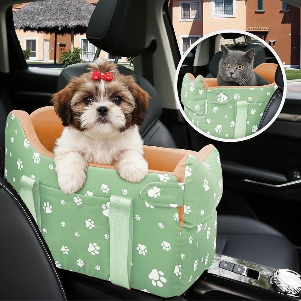 Cullaby Dog Center Console Car Seat for Small Dogs Under 15lbs,Detachable Washable Booster Pet Car Seat Travel Bed with Storage Pockets and Seat Belt(Green)