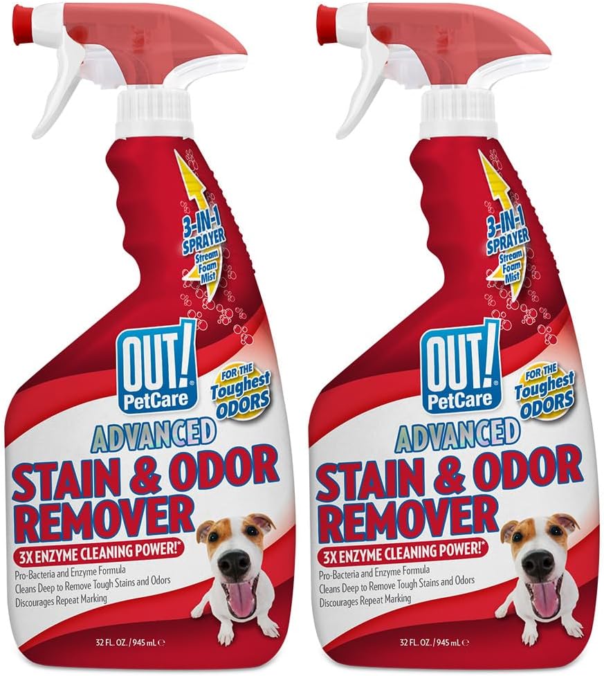 OUT! PetCare Pet Odor & Stain Remover Spray, Carpet & Floor Cleaner, Deodorizer for Dogs & Cats, Made in USA, 32 fl oz (2 Pack)