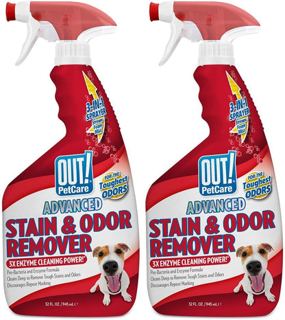 OUT! PetCare Pet Odor & Stain Remover Spray, Carpet & Floor Cleaner, Deodorizer for Dogs & Cats, Made in USA, 32 fl oz (2 Pack)