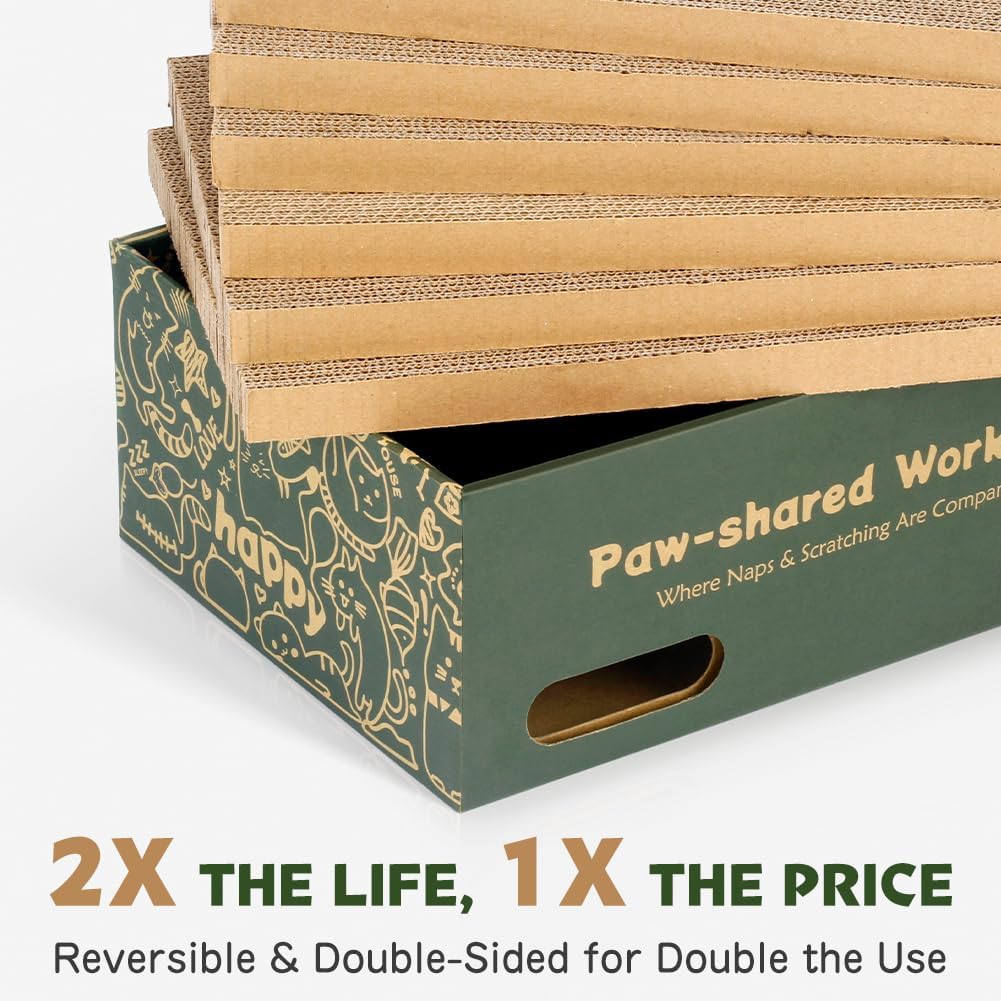 6 Pack Cat Scratch Pad with Box, Cardboard Cat Scratcher for Indoor Cats, Reversible Scratching Board with Lounge Bed for Small Medium Cats & Kittens