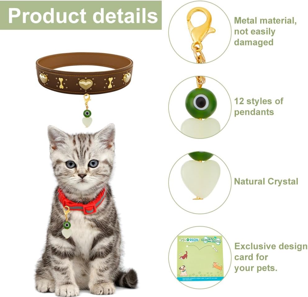 12pcs Evil Eye Heart Collar Pendants for Cat Dog, Gemstone Jewelry Charms Lampwork Pet Collar Pendants Clip-on Charms for Bag Decor Keychain Pet Necklace Training Home Decoration