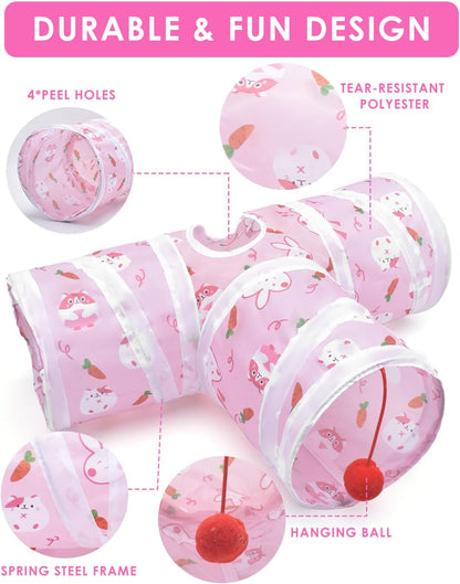 Bissap Rabbit Tunnel, 9.8'' Collapsible Bunny Tunnel and Tube 3 Ways Pet Hideout with 1 Play Ball for Indoor Kittens Dwarf Rabbits Bunnies Guinea Pigs Chinchillas Small Animal Activity Fun Toys (Pink)