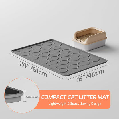 Silicone Cat Litter Mat with Raised Edges, Waterproof/Urineproof, Litter-Collecting Interior Ridges, Soft & Pet-Friendly (24"x16"-Dark Grey)