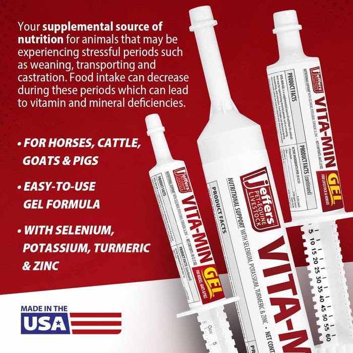 Jeffers Vita-Min Gel for Livestock & Horses – Multivitamin & Mineral Supplement with Selenium, Zinc, Potassium & Turmeric – Easy Oral Gel for Cattle, Goats, Sheep & Pig – 30 cc (1 oz) Tube