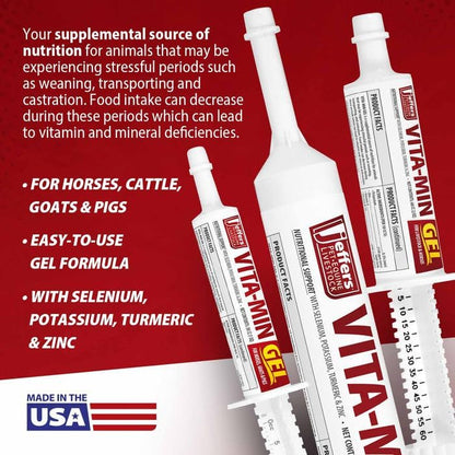 Jeffers Vita-Min Gel for Livestock & Horses – Multivitamin & Mineral Supplement with Selenium, Zinc, Potassium & Turmeric – Easy Oral Gel for Cattle, Goats, Sheep & Pig – 30 cc (1 oz) Tube