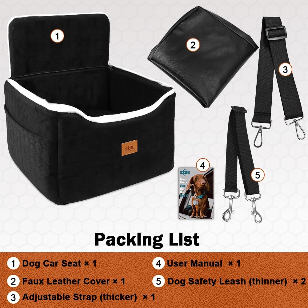 SZEE Dog Car Seat for Medium Sized Dogs up to 30 lbs, Dog Booster Car Seat with Protective Leather Cover, Save Cleaning Effort, Reclinable Backrest (Black)