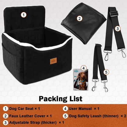 SZEE Dog Car Seat for Medium Sized Dogs up to 30 lbs, Dog Booster Car Seat with Protective Leather Cover, Save Cleaning Effort, Reclinable Backrest (Black)