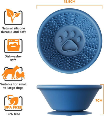 Dog Lick Bowl, Non-Slip Slow Feeder Licking Mat & Treat Dispenser (Wide Bowl Mouth w/Inlaid Stainless Steel Ring) - Interactive Toys, Anxiety Reducer, Freeze Bone for Dogs, BPA Free Silicone (Blue)
