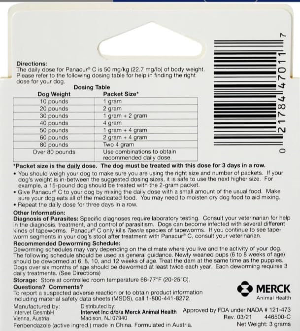 Panacur C Canine Dewormer Treatment Three 1-Gram Packets, Each Packet Treats 10 lbs