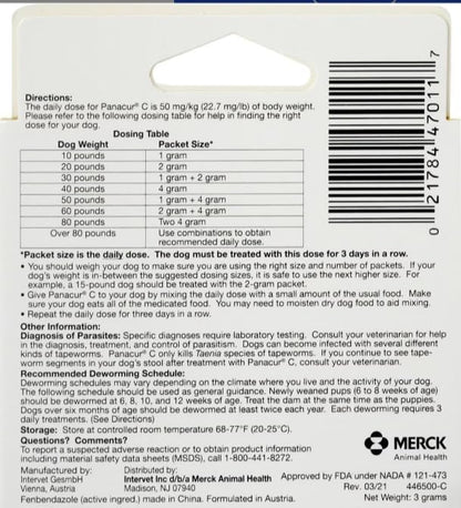 Panacur C Canine Dewormer Treatment Three 1-Gram Packets, Each Packet Treats 10 lbs