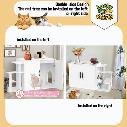 LuckyEnergy 2025 Upgraded 2-in-1 Cat Litter Box Furniture with Cat Tree – Hidden Odor Control Enclosure for 2 Cats, Dual Entry, Ventilation, Modern TV Stand Style