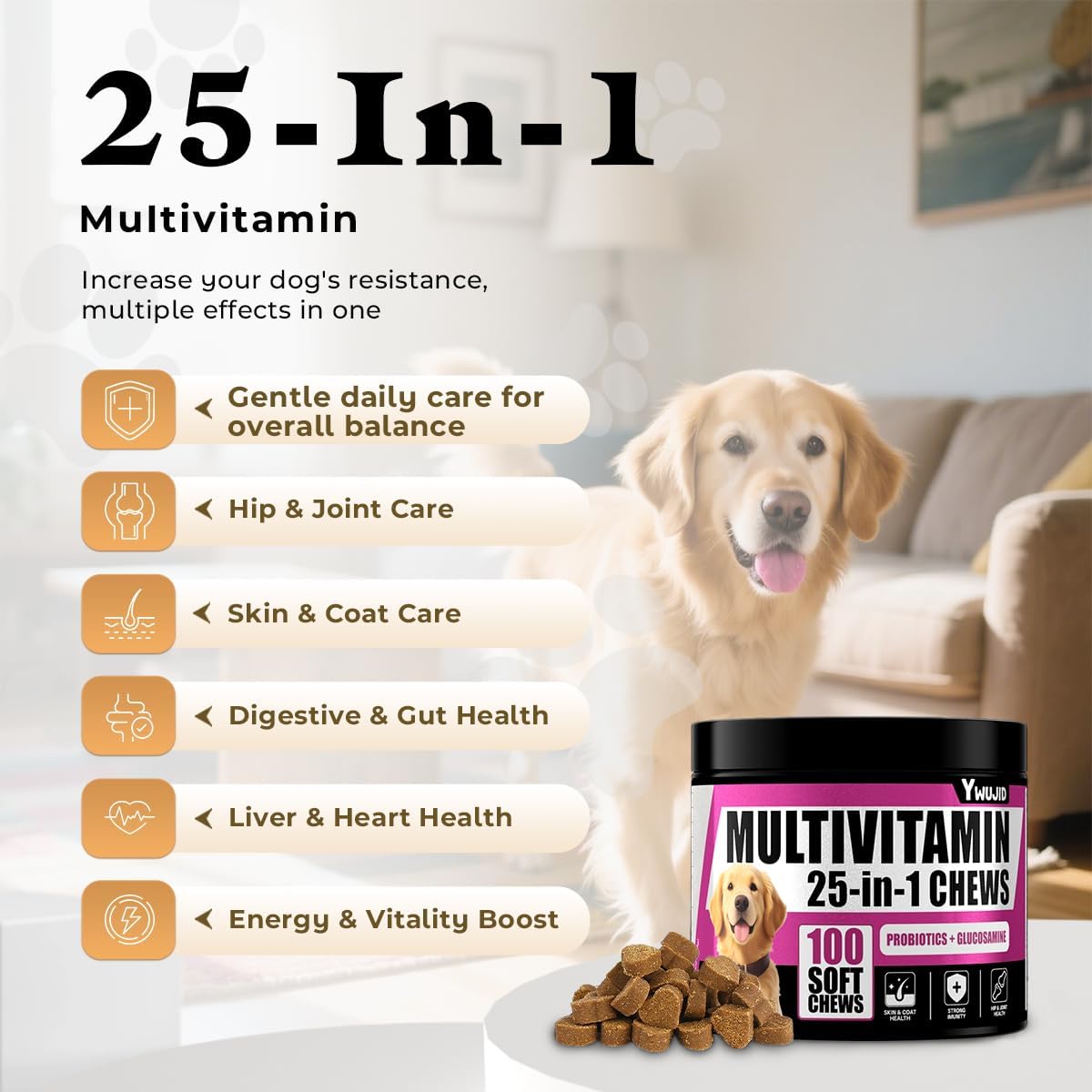 Dog Multivitamin Chewable with Probiotics,Dog Vitamins and Supplements for Hip & Joints,Pets Immune Support,Skin,Coat,Heart,Gut Health with Omega 3,Glucosamine for All Breeds Dogs-Senior & Puppy