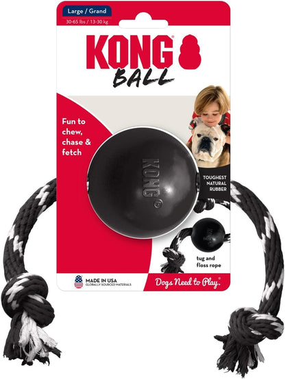 KONG Extreme Ball with Rope - Dog Fetch Toy with Rope for Easy Throwing - Durable Dog Ball Toy for Tug, Playtime & More s Most Durable Natural Rubber - Black - for Large Dogs