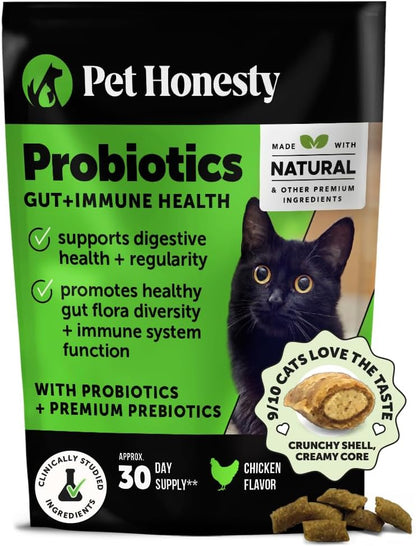 Cat Probiotics Gut + Immune Health Chews – Crunchy & Creamy Cat Treats for Digestive Health, Gut Flora & Constipation Relief – Supports Immunity, Regularity, & Healthy Digestion, 30-Day Supply Chicken