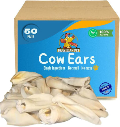 Brazilian Pet 100% Natural Real Cow Ears (50 Pack) Prime Dog Chews, Over 5 inches Free Range Grass Fed Cattle, No additives, Chemicals or Hormones