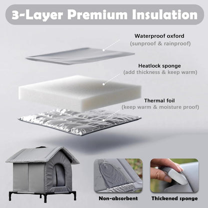 Cat Houses for Outdoor Cats,Self-Warming Cat Bed Outdoor Cat Feeding Satation,Insulated Outside Cat Houses Weatherproof for Stray Cats,Warm Elevated Feral Cats Shelter for Winter (Grey)