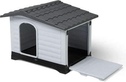 Amazon Basics Plastic Dog House for Small & Medium Dogs - Easy to Assemble & Detachable Structure, Indoor/Outdoor Use, Elevated Floor, Durable & Waterproof, Side Door Access, Undulating Roof Design