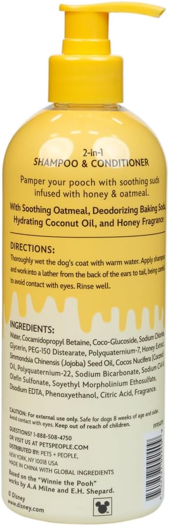 Disney Winnie The Pooh 2-in-1 Dog Shampoo and Conditioner, Honey Scented Shampoo Plus Conditioner for Dogs, Gentle Care with Oatmeal, Baking Soda, Coconut Oil, 16oz