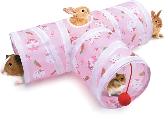 Bissap Rabbit Tunnel, 9.8'' Collapsible Bunny Tunnel and Tube 3 Ways Pet Hideout with 1 Play Ball for Indoor Kittens Dwarf Rabbits Bunnies Guinea Pigs Chinchillas Small Animal Activity Fun Toys (Pink)