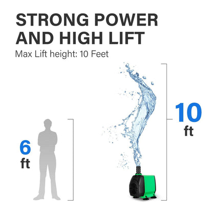 Simple Deluxe 10ft High Lift 800GPH 24W Water Table Pump (3000L/H) with 3 Nozzles, Perfect for Fish Tank, Pond, Aquarium, Statuary, Hydroponics, Fountain, Green