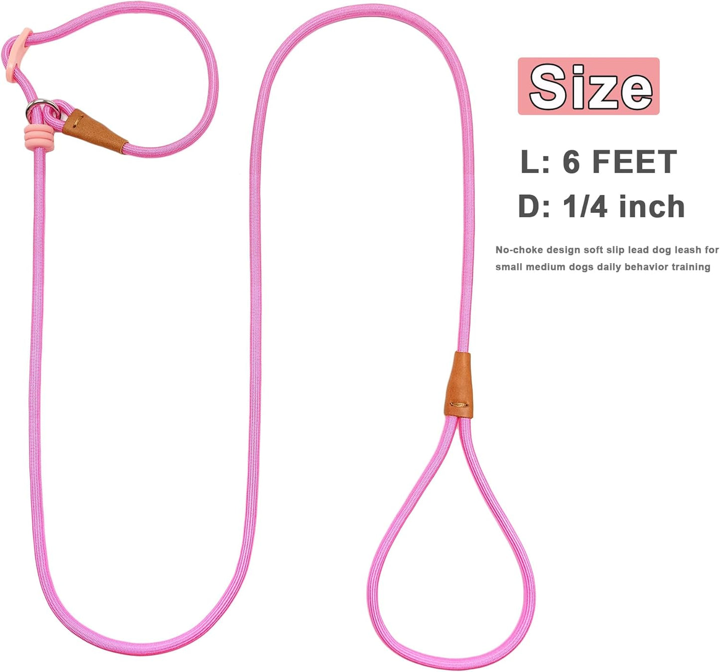 7ft Slip Lead Dog Leash + 6ft Small Slip Lead Dog Training Leash for Small Dogs, Black+Pink