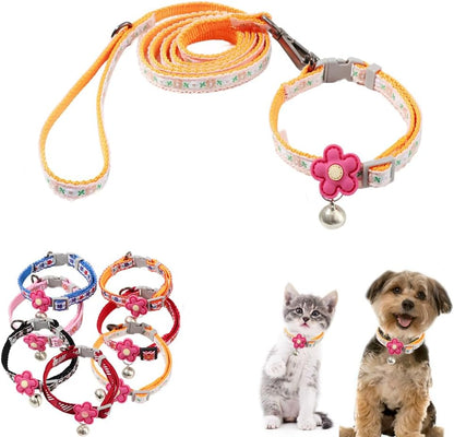 XXS Dog Collar with Bell Leash Set, Basic Floral Puppy Collars for Girls Xs Small Cat Pet Animal Litter Tiny Kitten, Orange White