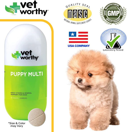 Vet Worthy Puppy MultiVitamins - Multivitamin for Puppies to Support Optimum Health & Overall Wellness - Dog Supplement with Iron,Magnesium,Zinc,Vitamin A,B Vitamins - Liver Flavor,60 Chewable Tablets