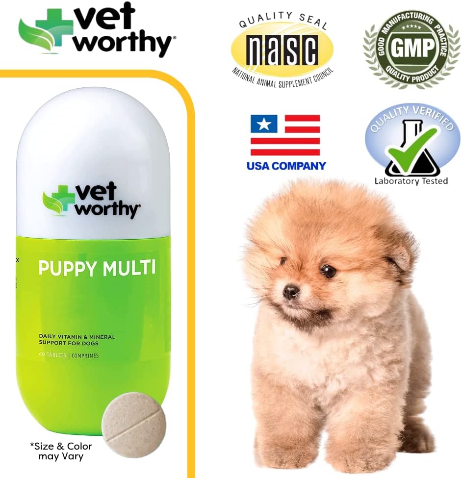 Vet Worthy Puppy MultiVitamins - Multivitamin for Puppies to Support Optimum Health & Overall Wellness - Dog Supplement with Iron,Magnesium,Zinc,Vitamin A,B Vitamins - Liver Flavor,60 Chewable Tablets
