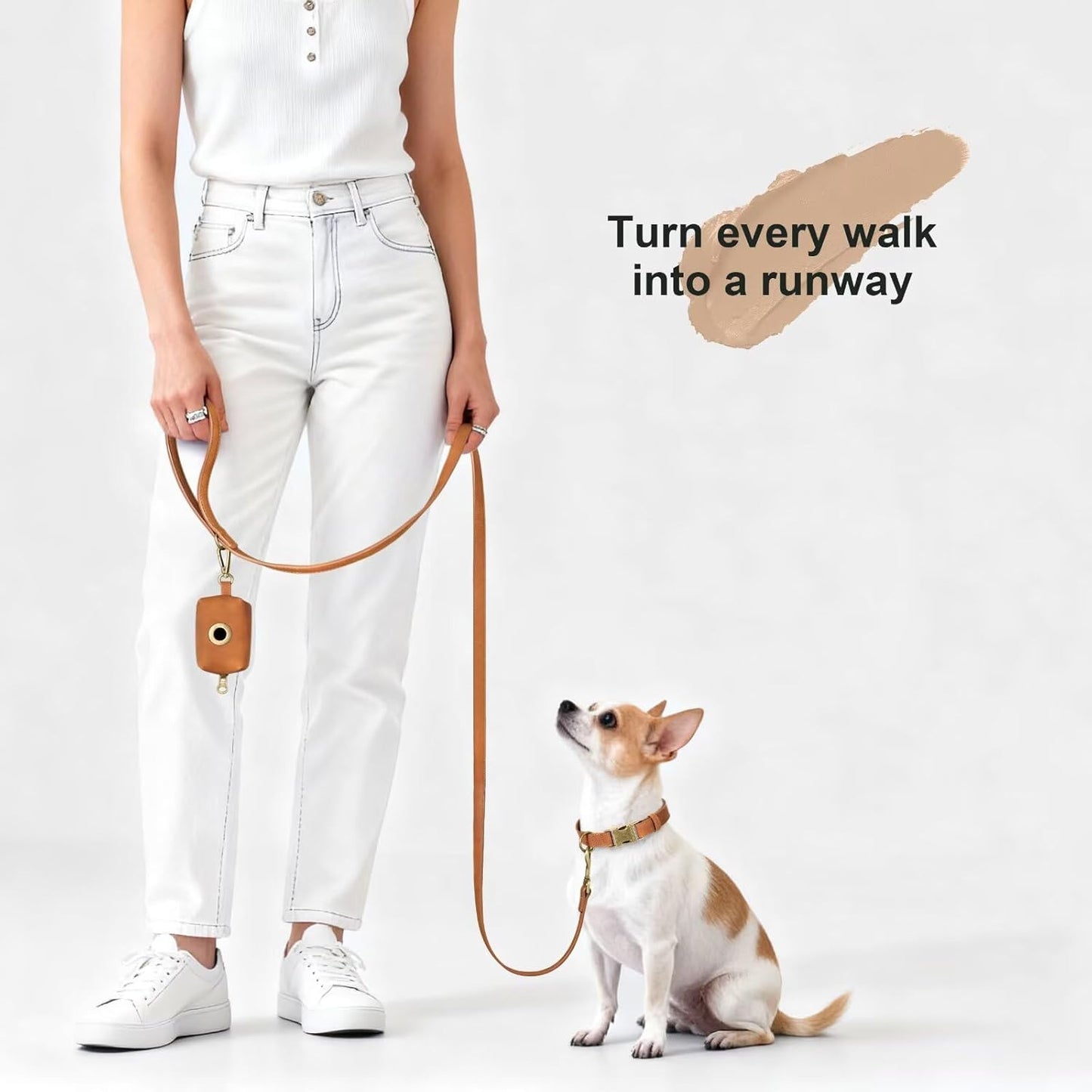 Didog Stylish PU Leather Dog Leash for Small Dogs, Easy to Clean 5ft Small Dog Leash with Metal Tangle-Free Clip, Fashionable and Elegant for Walking, Running and Training,Light Brown, S