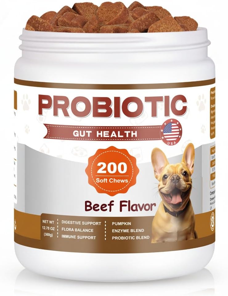 Probiotics for Dogs - 200 Count Probiotic Soft Chews for Dogs with Enzymes & Prebiotic - Digestive Enzyme Blend for Gut & Immune Support - Beef Flavor