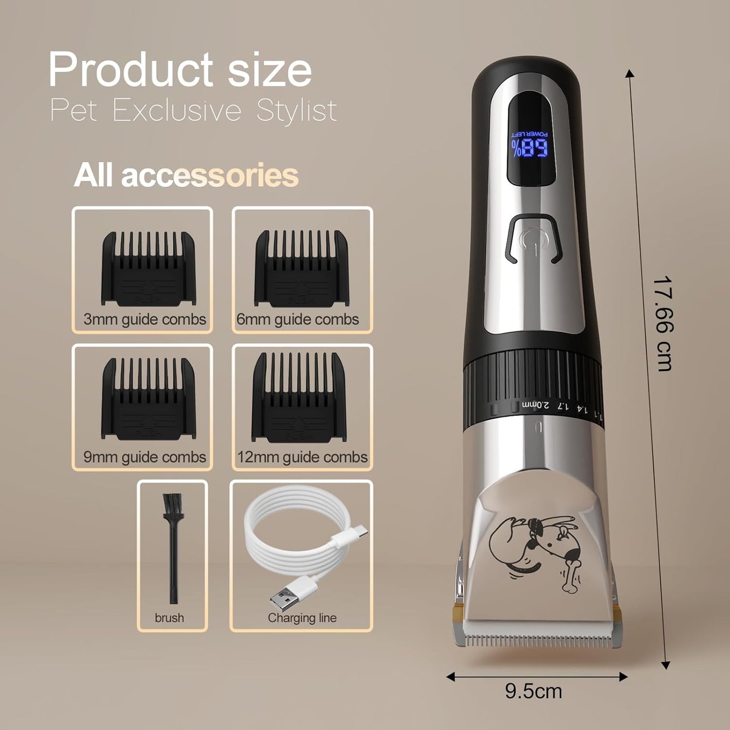 Dog Grooming Clipper Kit, Cordless Low Noise Rechargeable Electric Trimmer With Adjustable Comb & Detachable Blades, Suitable for Dogs, Cats, Pets