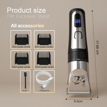 Dog Grooming Clipper Kit, Cordless Low Noise Rechargeable Electric Trimmer With Adjustable Comb & Detachable Blades, Suitable for Dogs, Cats, Pets