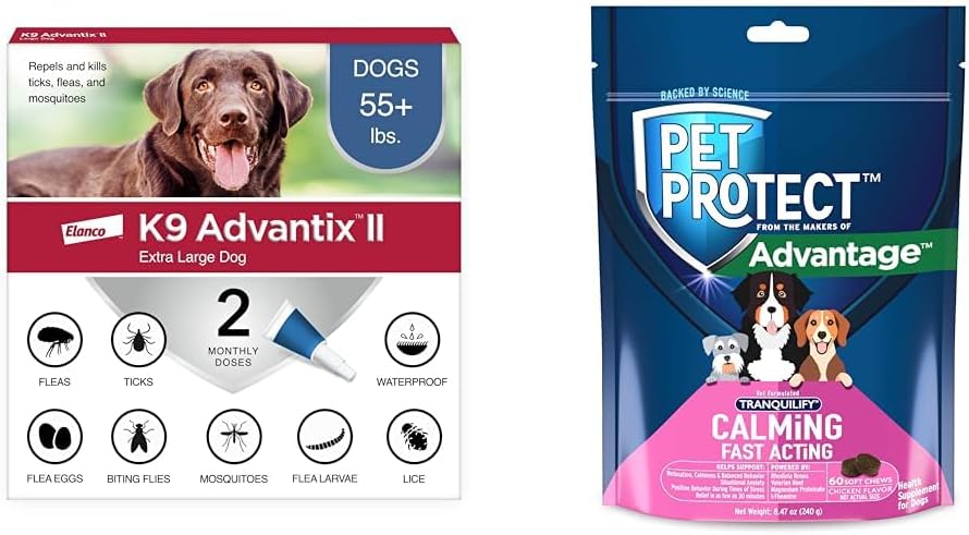 Bundle of K9 Advantix II XL Dog | 2-Mo Supply + Pet Protect Calming Fast-Acting Soft Chews for Dogs, 60 Count