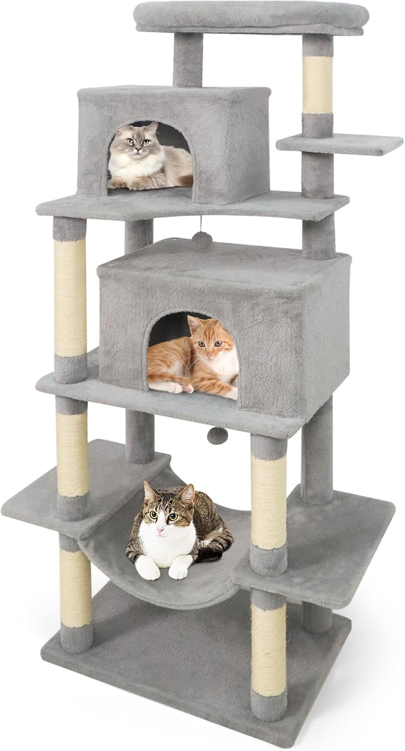 Tangkula 70 Inch Tall Cat Tree, Multi-Level Large Cat Tower with Sisal Scratching Posts, Plush Top Perch, 2 Condos, Hammock, 2 Dangling Balls, Cat Tree Tower for Indoor Cats Large Adults (Light Grey)