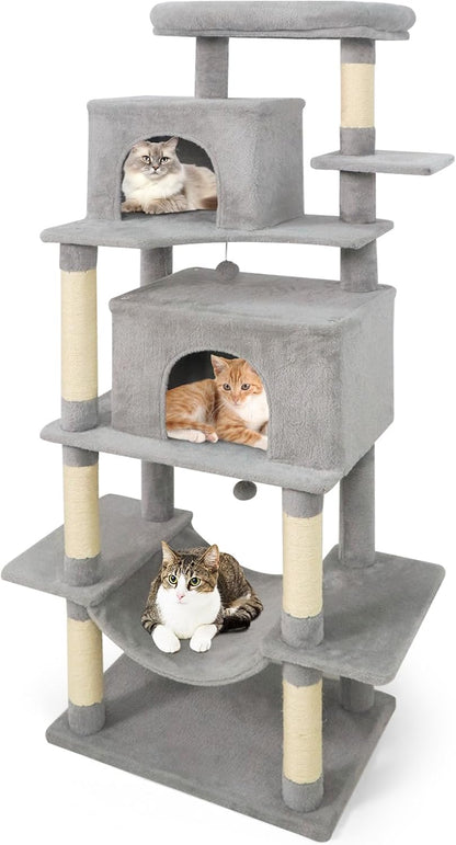 Tangkula 70 Inch Tall Cat Tree, Multi-Level Large Cat Tower with Sisal Scratching Posts, Plush Top Perch, 2 Condos, Hammock, 2 Dangling Balls, Cat Tree Tower for Indoor Cats Large Adults (Light Grey)