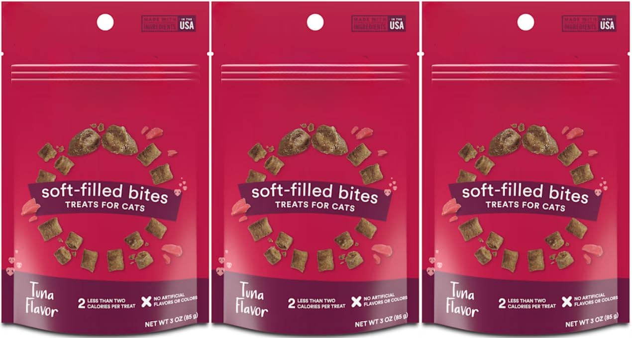 Tuna Recipe Soft-Filled Bites Cat Treats – Crunchy Outside, Creamy Inside – Made in USA – 3 oz Bag (3 Pack, Tuna)