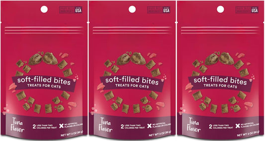 Tuna Recipe Soft-Filled Bites Cat Treats – Crunchy Outside, Creamy Inside – Made in USA – 3 oz Bag (3 Pack, Tuna)