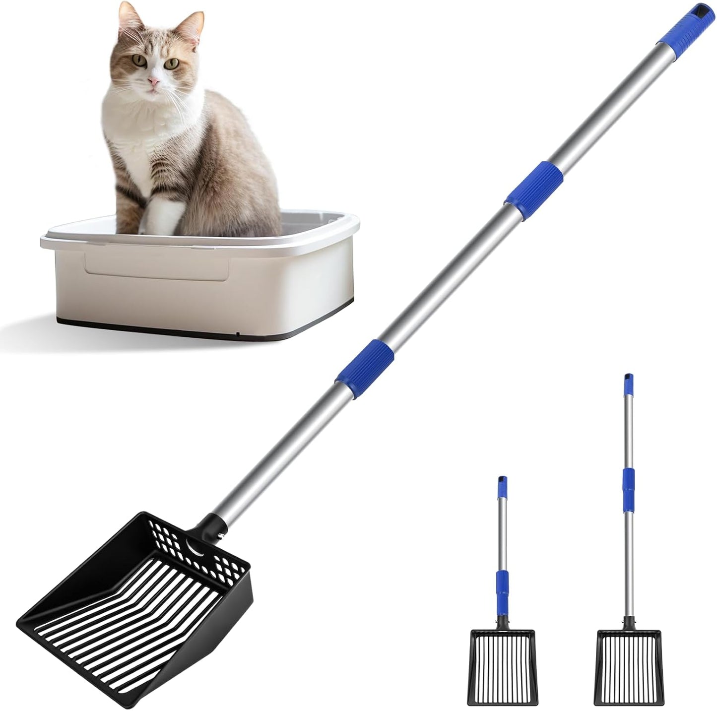 JAMIEWIN Extendable Metal Cat Litter Scoop, Long Handle Litter Sifting Shovel, 21"-39.5" No Bending Back Cat Scooper for Litter Box Heavy Duty Pet Poop Shovel Chicken Poop Scooper