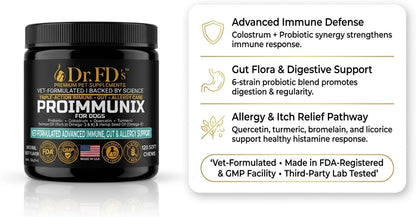 Dr. FD’s ProImmunix – Immune & Allergy Support for Dogs | Probiotic + Colostrum for Gut Health, Seasonal Itch & Skin Comfort | Natural Beef Flavor | 120 Soft Chews
