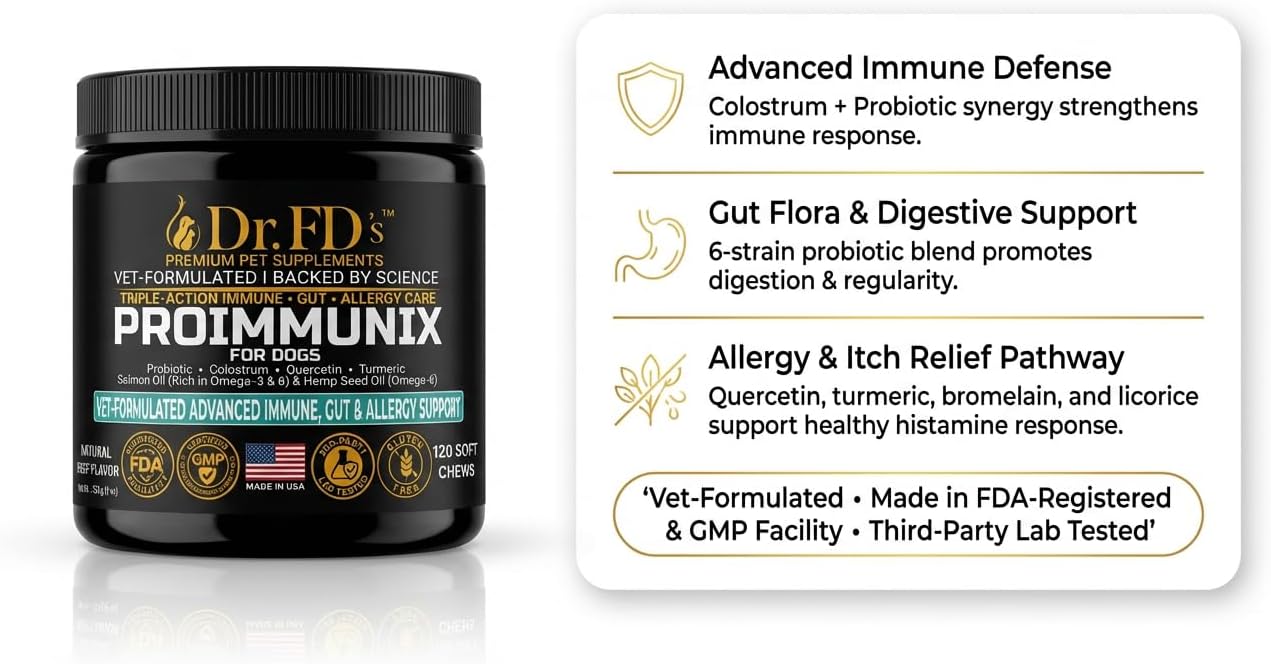Dr. FD’s ProImmunix – Immune & Allergy Support for Dogs | Probiotic + Colostrum for Gut Health, Seasonal Itch & Skin Comfort | Natural Beef Flavor | 120 Soft Chews