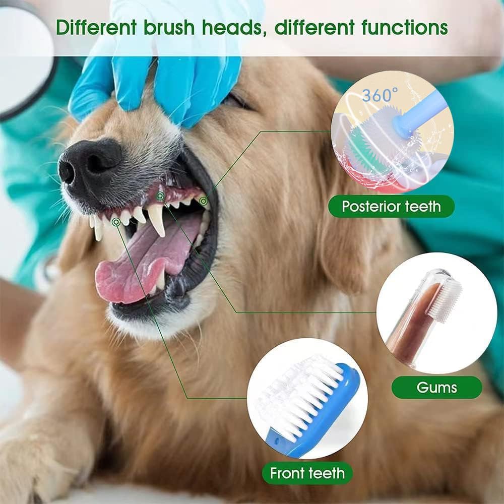 Triple Head & Double Head Dog Toothbrush Set, Finger Rubber Toothbrush, Multi-Angle Dental Cleaning Brushes for Cat Oral Health