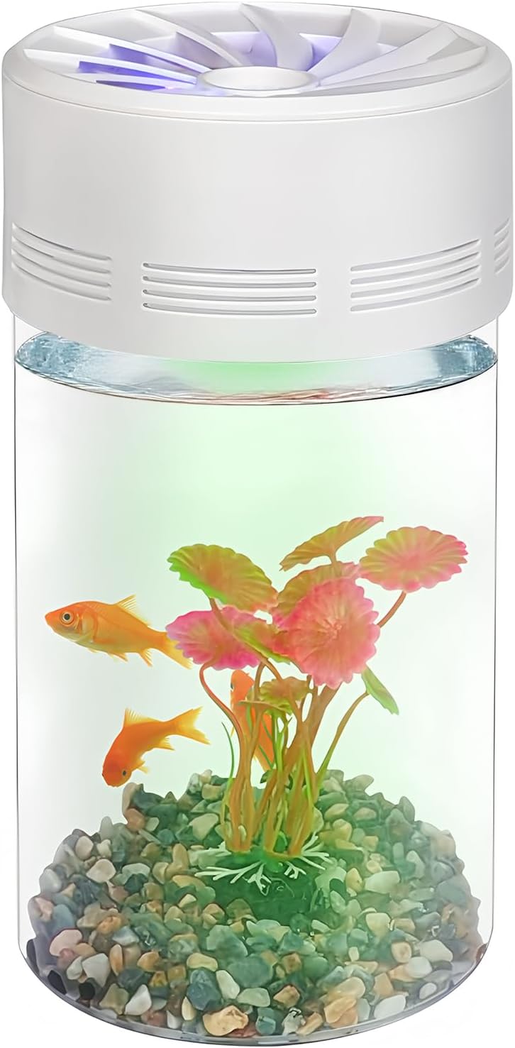 Ecological Fish Tank with LED Attraction Light - Aquarium Starter Kit Includes Decorative Aquatic Plants & Sand - Desktop Small Plastic Transparent Fish Bowl Suitable for Living Room, Bedroom, Office