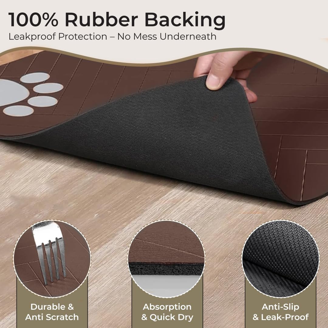 Pet Feeding Mat for Dogs and Cats – Absorbent Pet Placemat with Waterproof Non-Slip Rubber Backing – Quick Dry Food and Water Bowl Mat, Easy to Clean Floor Protector for Pets (12"x20", Dark Brown)