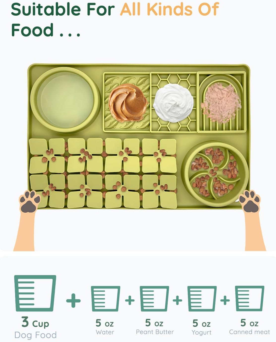 Slow Feeder Bowl Bundle: Green 4in1 Licking mat (15.75" x 10.5" x 1.2") + Green Starry Sky Feeder (4.3" x 2.9"), Silicone Lick mat with Suction Cups for Slow Eating and Keep Busy