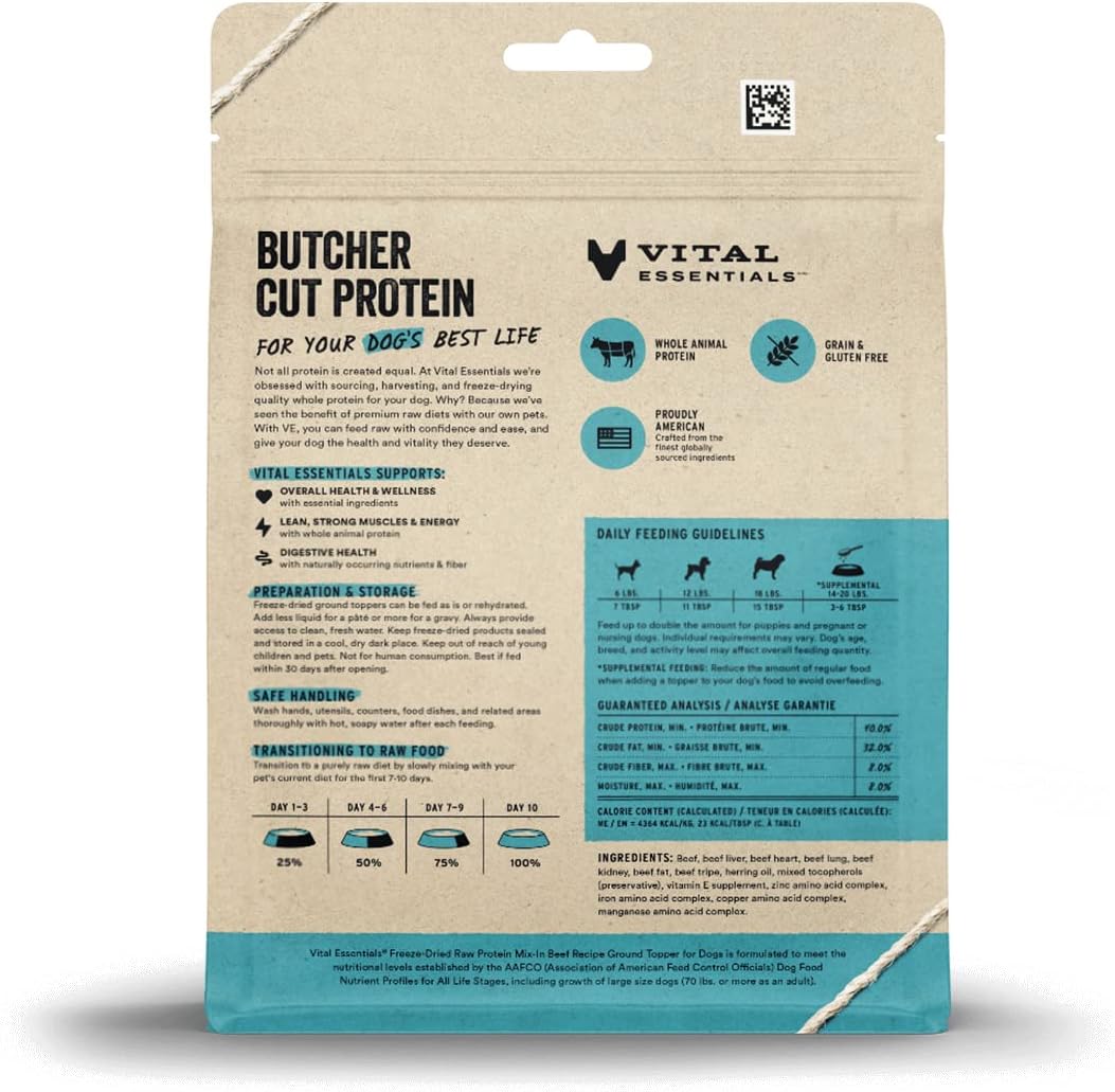 Vital Essentials Freeze Dried Raw Protein Mix-in Dog Food Topper, Beef Ground Topper for Dogs, 6 oz