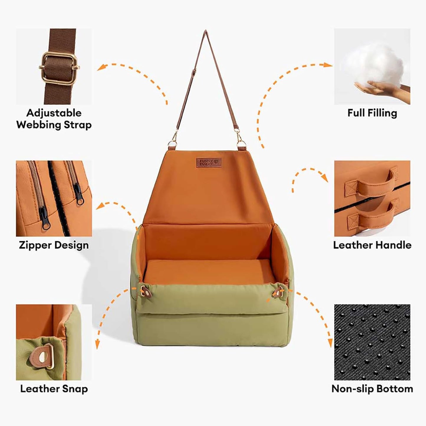 FUNNYFUZZY Dog Car Seat for Small Dogs, Waterproof Dog Booster Car Seats, Faux Leather Pet Vehicle Seat Travel Bed with Thick Cushion, Carseat for Dogs, Orange Green