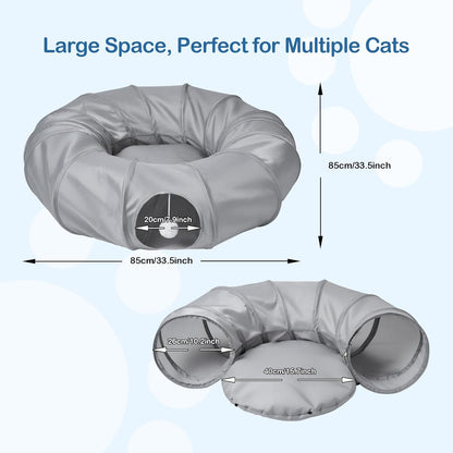 Odoland Cat Play Tunnel with Bed - Indoor Kitten Couch, Detachable Cats Cave Donut Tunnel & Interactive Cats Toys for Indoor Cat Puppy Rabbit and Ferret Grey