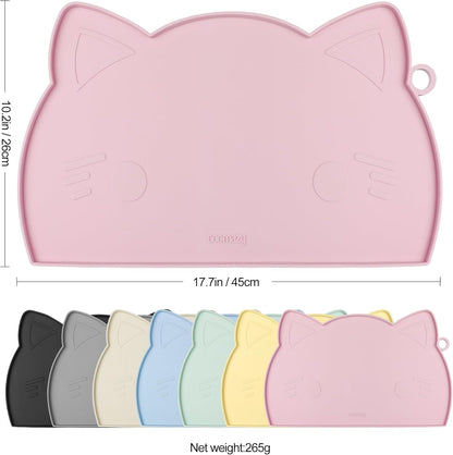Coomazy Cat Food & Water Mat, Thicker Non-Slip Silicone Mat with Raised Edge (Pink, Medium)